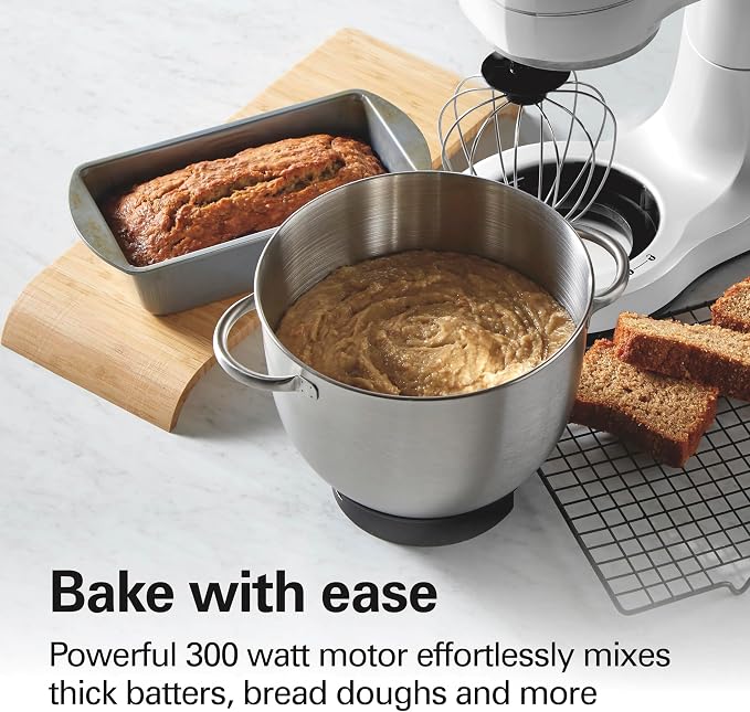 Hamilton Beach 4 Qt Electric Stand Mixer With 7 Speeds, Easy-Carry Handle | Planetary Mixing For Full Bowl Coverage | Splash Guard | 300 Watts | Whisk, Flat Beater, Dough Hook | Mixing Guide | White