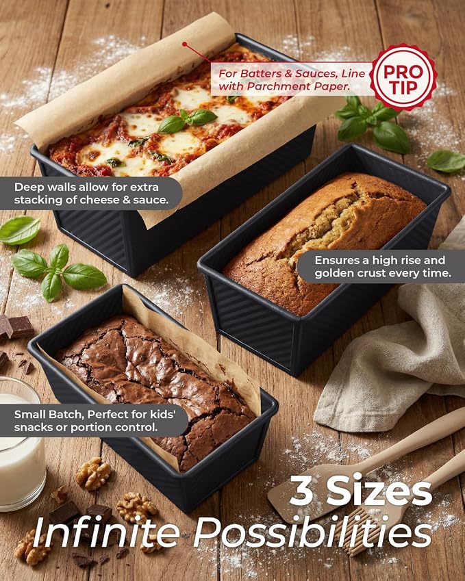 CARTMAN 3-Piece Pullman Loaf Pan with Lid, 2.2/1/0.8 LB Bread Pan, Black | Includes 2.2/1/0.8 LB sizes & silicone tools, bottom vents, nonstick carbon steel, nesting storage, for bread & brownies
