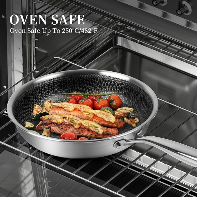 Innerwell Non Stick Frying Pans, Stainless Steel Pan Set with Lid | Honeycomb nonstick coating, PFOA-free. Cool-touch handles. Compatible with All Stoves. Oven Safe&Dishwasher safe.
