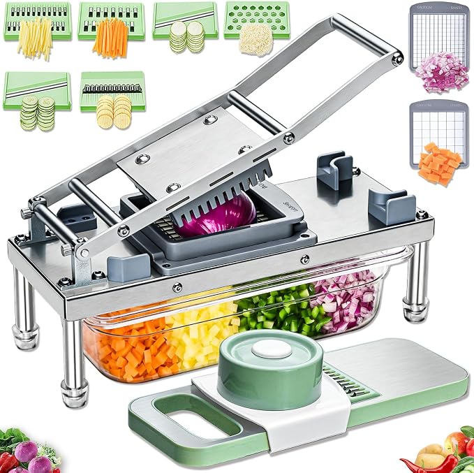 Vegetable Chopper Veggie Cutter Onion Food Potato Dicer with Container | Stainless Steel Construction, Fruit Potato Salad Dicer, Dishwasher Safety, Easy Cleaning, Safety Hand Guards