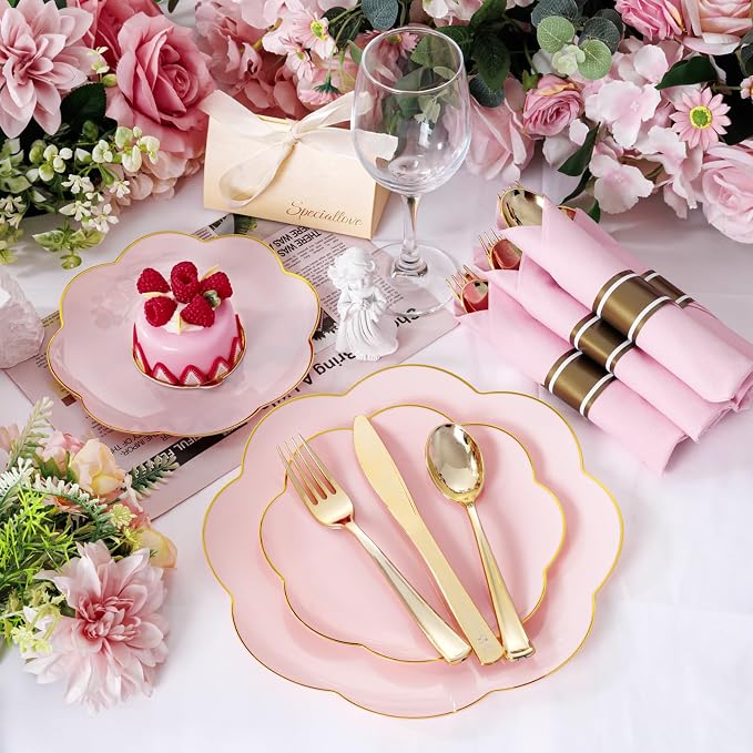 30 Pack Gold Plastic Silverware Set with Pre Rolled Pink Napkin | Heavy Duty Disposable Wrapped Cutlery with Pink Linen Feel Napkins for Birthdays, Weddings, Parties & Special Events