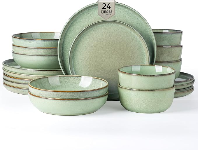 GBHOME Dinnerware Sets for 6, 24 Pieces Ceramic Plates and Bowls Set | Scratch Resistant Stoneware Dishes Set, Dishwasher & Microwave Safe, Reactive Glaze-Pastel Green