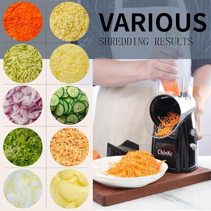 Upgrade Rotary Cheese Grater Shredder with Handle, Strong Suction Base, Multi-purpose Rotary Grater Slicer with 5 Interchangeable Blades for Ice, Vegetables, Fruit, Nuts with Blade Storage Box