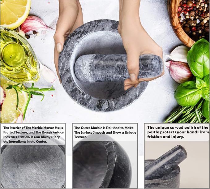 Mortar and Pestle Set, Guacamole Bowl Polished Natural Marble Stone, Grinder and Crusher, with Silicone Mat & Spoon - 300ml(Medium, Dark Gray)