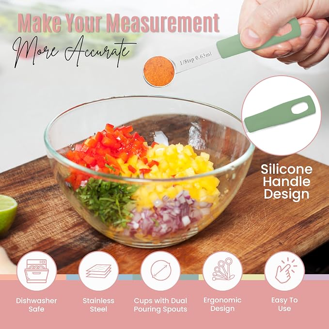 Nextop 14-Piece Stainless Steel Measuring Cups and Measuring Spoons Set with All Stackable Sizes and Leveler for Dry Ingredients, Complete Set for Kitchen & Baking Measuring Tools (Peach Set)