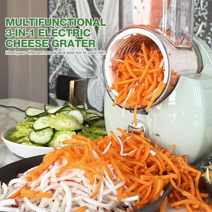 Electric Cheese Grater for Block Cheese - 3 in 1 Rotary Cheese Grater Electric Rotary Grater Salad Shooter Electric Slicer for Cheeses, Fruits, Vegetables and Nuts (Green)
