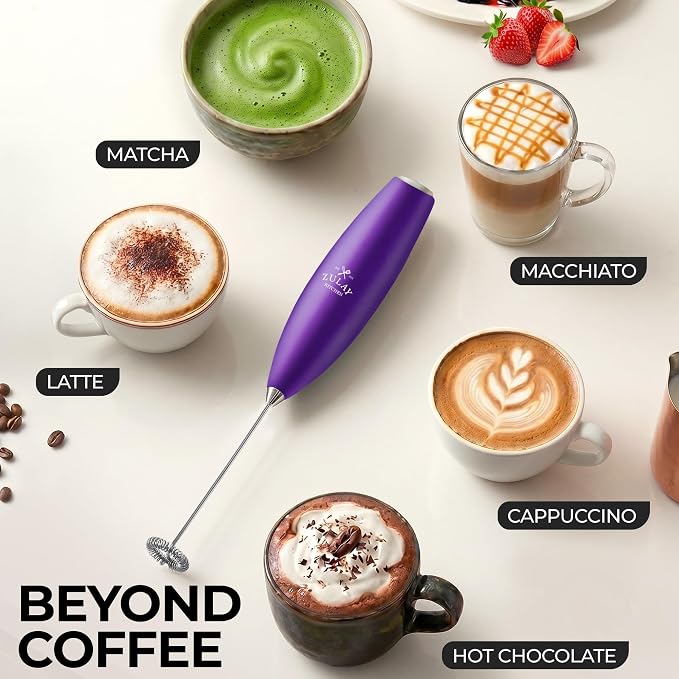 Zulay Powerful Milk Frother for Coffee with Upgraded Titanium Motor - Handheld Electric Whisk, Milk Foamer, Mini Mixer & Coffee Blender for Frappe, Latte, Matcha, No Stand - Lush Purple