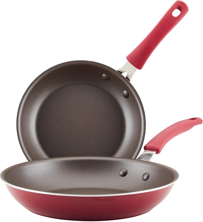 Rachael Ray Cook + Create Nonstick Frying Pans/Skillet Set, 9.5 Inch and 11.75 Inch, Red