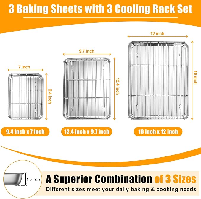 Homikit Baking Sheet with Wire Rack Set (3 Pans + 3 Racks), 16/12/9 Inches | Stainless Steel Sheet Pans with Cooling Racks for Oven, Heavy Duty Metal Cookie Bacon Baking Trays Non Toxic, Dishwasher Safe