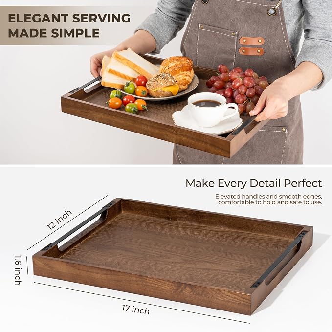 Wooden Serving Tray with Metal Handles|Ottoman Tray for Breakfast, Bed, Couch|17x13in Ash Wood Coffee Table Trays|Food Drinks Decorative Storage Boards for Ottoman Kitchen, Walnut
