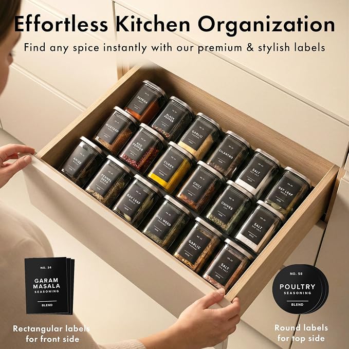 Glass Spice Jars with Labels and Steel Lids (12 x 6.4oz) Spice Containers with 160 Label, Steel Funnel, Shaker Inserts, Empty Square Seasoning Organizer for Spice Rack, Cabinet, Drawer