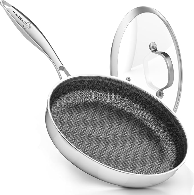 LOLYKITCH 10 Inch Hybrid Nonstick Frying Pan with Glass Lids | PFOA Free | Stainless Steel Skillet | Non-Toxic | Stay-Cool Detachable Handle | Dishwasher and Oven Safe | Induction Ready