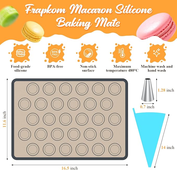 Macaron Silicone Baking Gray Mats, 17 Pcs Macaron Baking Kits | 2 Nonstick Macaroon Mat Silicone, 7 Piping Tips, 2 Piping Bags, 2 Bag Ties, 2 Couplers, 1 Puff Tip, 1 Brushes