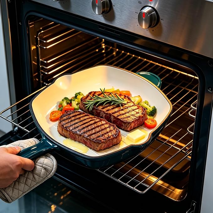 Enameled Cast Iron Steak Grill Pan, Nonstick Square Grilling Pan, Frying Pan (Peacock Blue, 9.5 inch)