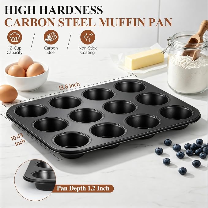 E-far 12-Cup Muffin Pan, 2 Pack Nonstick Carbon Steel Cupcake Pan Tin Tray | Metal Bakeware Muffin Baking Tins for Oven, Standard Size, Ideal for Muffins, Cake Tart, Brownies, Easy Clean & Non-toxic