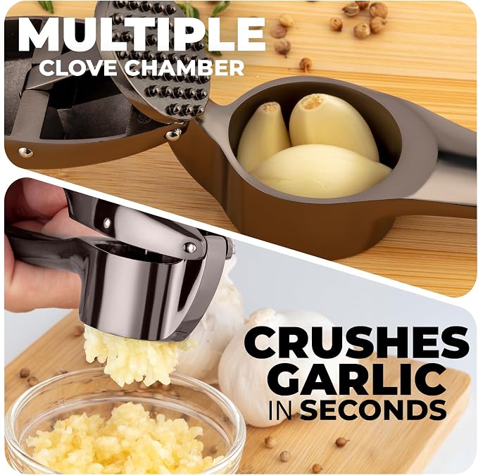Zulay Kitchen Large Premium Garlic Press Set – Rust Proof & Dishwasher Safe, Bigger Bowl Garlic Mincer Tool with Silicone Garlic Peeler & Brush, Easy Squeeze & Clean, Ergonomic Handle - Dark Gray