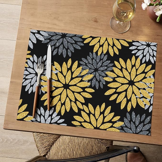 Artoid Mode Floral Vinyl Placemats Set of 4, 12x18 Inch New Year Washable Non-Slip Plastic Vinyl Place Mats for Party Kitchen Dining Decor, Yellow Black