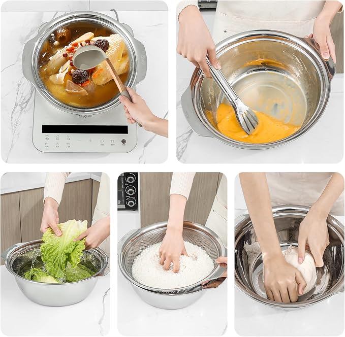 Paoli 304 Stainless Steel Fine Mesh Colander Set, 3.5QT Large Capacity Strainer with Mixing Bowl — Rinse Fruits, Veggies, Rice & Drain Pasta, Dishwasher Safe (2-Piece Gold)