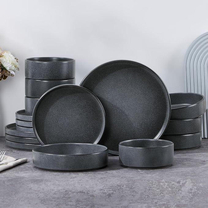 E-far 16-Piece Stoneware Dinnerware Sets with Pasta Bowls, Deep Gray | Plates and Bowls Sets for 4, Chip and Scratch Resistant, Microwave & Dishwasher Safe Kitchen Modern Dish Set