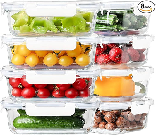 8-Pack 36oz Large Glass Meal Prep Containers with Leakproof Snap-Lock Lids | Borosilicate Glass Food Storage Containers and Bento Boxes , BPA-Free, Oven, Freezer and Dishwasher Safe-White