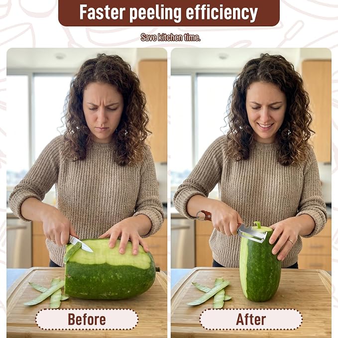 2Pack 3-in-1 Vegetable Peeler with Faux Wood Handle, Stainless Steel Julienne Peeler & Scallion Shredder with Built-In Bottle Opener, Kitchen Peeler for Potato, Carrot, Cucumber, Apple & Fruits