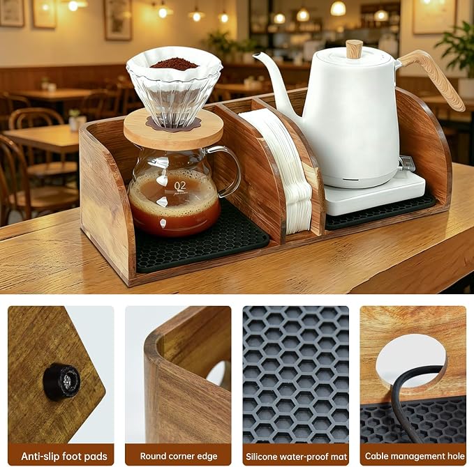 Acacia Coffee Bar Station Organizer Stand Caddy for Chemex Pour Over Maker | Coffee Paper Filter Holder for Countertop Wood Caddy Storage Organizer for Chemex Bodum Cosori Coffee Maker with silicone Pad