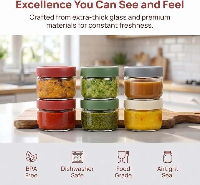 2 oz Glass Dressing Containers With Lids, Sauce Jars for Lunch, 6pk | Airtight ,BPA Free,Perfect for salad dressing sauce dip condiment to go lunch box Accessories , Dishwansher safe