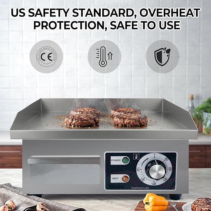 Stainless Steel Electric Griddle, Flat Top Grill for Countertop, Indoor Use | 1700W, 14.2"×15.7" Nonstick Surface, 122°F–572°F Temp Control, Removable Drip Tray for Easy Clean, Grill for Home& Commercial