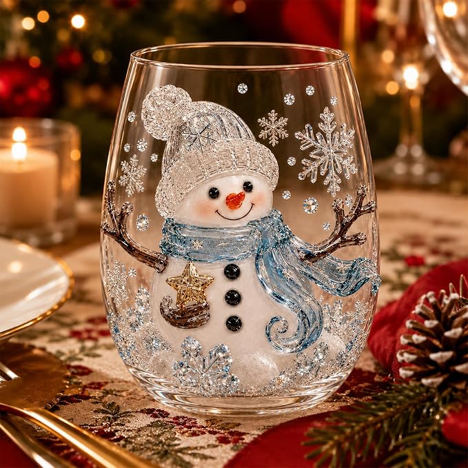 Christmas Wine Glasses, 12oz Stemless Holiday Glassware with Festive Style (Snowman)