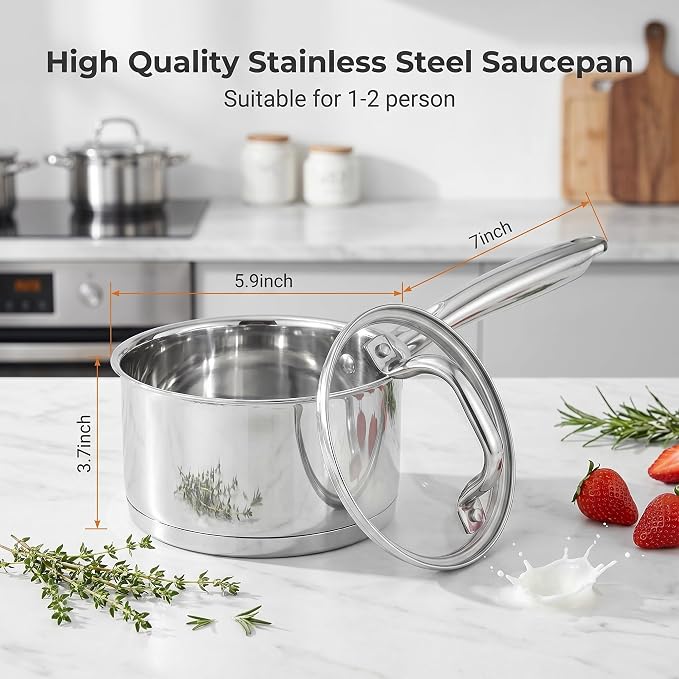 LIANYU Stainless Steel Saucepan with Lid, 1 Quart Small Sauce Pan | Tri-Ply Bottom, Multipurpose Cooking Pot, Straight Side, Dishwasher Safe, Compatible with All Cooktops