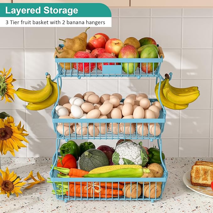 3 Tier Fruit Basket for Kitchen Counter with 2 Banana Hangers, Countertop Metal Fruit Bowl with Wooden Handle, Large Storage Stand for Vegetables, Snacks, Breads, Produce Storage – Blue