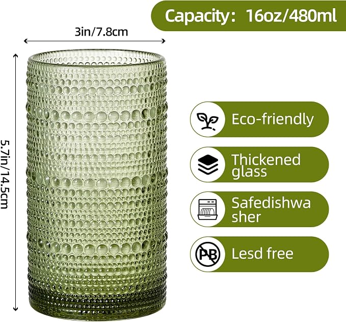 16oz Hobnail Drinking Glasses Set of 6, Vintage Large Capacity Embossed Green Tumblers, Highball Glasses for Water, Cocktail, Beer, Whiskey, Juice & Bar Use