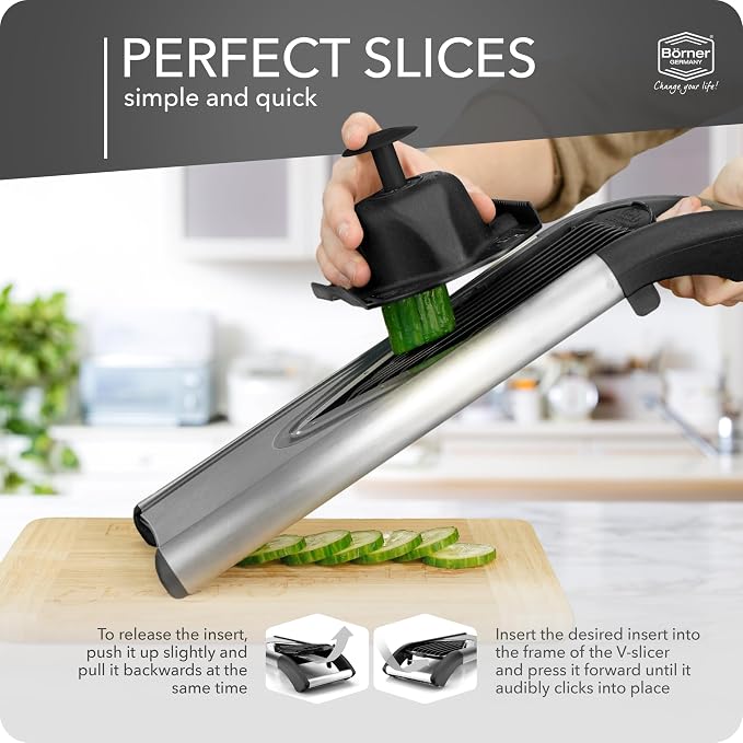 Börner by Reston Lloyd Mandoline Slicer V6 (Starter Set) • Stainless Steel Slicer with V-Blade • Adjustable Kitchen Slicer for Vegetables & Fruits • Various Thicknesses & Grater