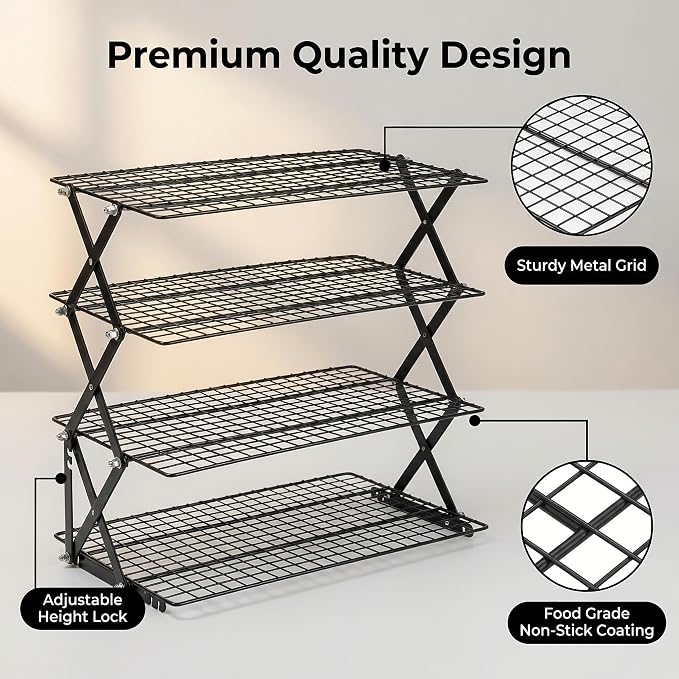 4-Tier Collapsible Cooling Rack for Baking, 3-Setting Adjustable Stackable Cookie Rack, Durable Nonstick Space-Saving Stand for Cooking, Roasting, Drying, Grilling, Cottage Bakery | Collapsible & Stackable
