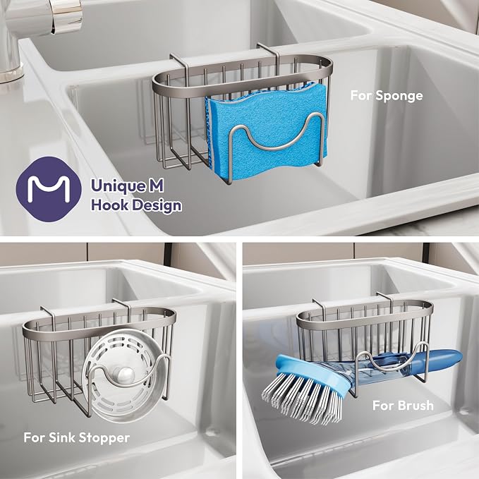 SWTYMIKI Sponge Holder for Kitchen Sink - Movable Kitchen Sink Caddy with M Shape Hook, Stainless Steel Hanging Sponge Caddy for Dish Sponge, Brush, Stopper Organizer in Double Sink, Sand Nickel