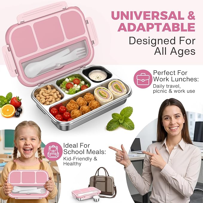 Stainless Steel Bento Box Adult Kids, Leakproof Metal Lunch Box Containers 4 Compartments, 32 Oz Reusable Food Storage Containers for Office and School, Pink