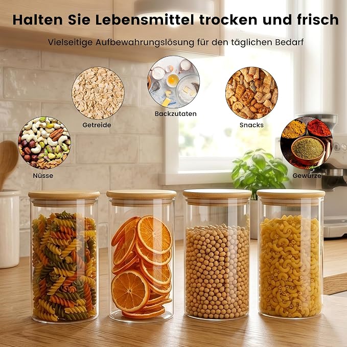 4-Pack Glass Storage Jars with Bamboo Lids, 1200ml Airtight Food Storage Containers, Clear Pantry Organizers and Storage Canisters Set for Cereal, Snack, Candy, Kitchen