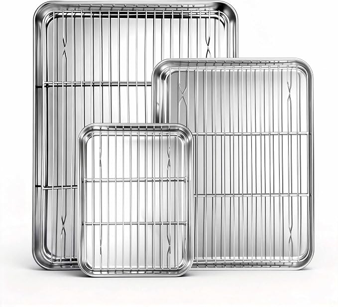 Homikit Baking Sheet with Wire Rack Set (3 Pans + 3 Racks), 16/12/9 Inches | Stainless Steel Sheet Pans with Cooling Racks for Oven, Heavy Duty Metal Cookie Bacon Baking Trays Non Toxic, Dishwasher Safe
