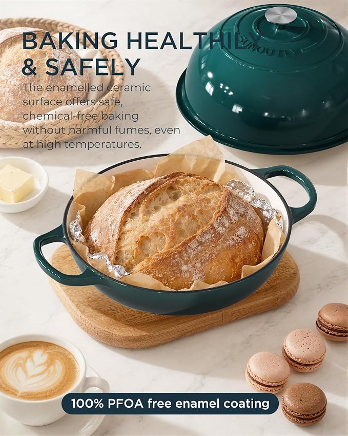 Enameled Cast Iron Bread Oven, 6QT Cast Iron Dutch Oven for Homemade Sourdough Bread Baking, Round Bread Pot with Dome Lid & Cotton Potholders, Bottle Green
