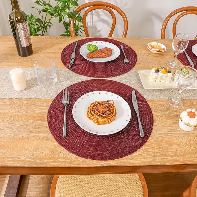 SHACOS Round Placemats Set of 6 for Dining Table 15 inch Round Braided Place Mats Washable Non Slip Kitchen Table Mats, Burgundy