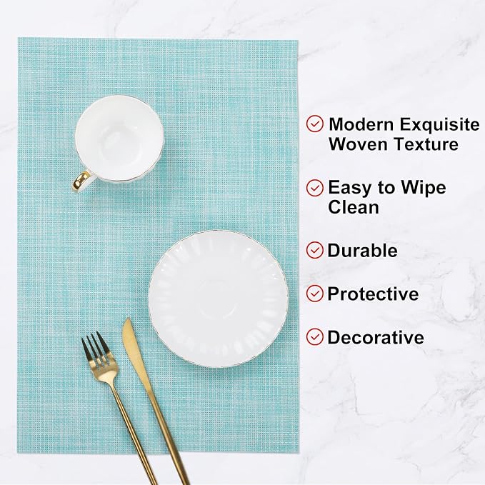 SHACOS Placemats Set of 4 Woven Vinyl Place Mats Wipeable Heat Resistant Washable Plastic Table Mats Indoor Outdoor, Blue