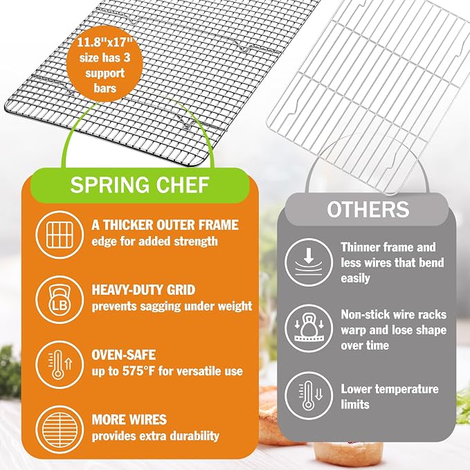 Spring Chef 11.5" x 16.5" Stainless Steel Cooling Rack for Baking, Set of 2 | Heavy Duty Grill Rack for Kitchen, Oven Safe Baking Rack, Fits Half Sheet Roasting Pan, Dishwasher Safe