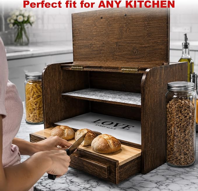 KNIFEPLANET Premium FULLY ASSEMBLED Rustic Bread Box – Extra Large Real Wood Bread Box for Kitchen Countertop Storage, Thick Durable Construction, Double Layer Design (17.5" x 10" x 12")