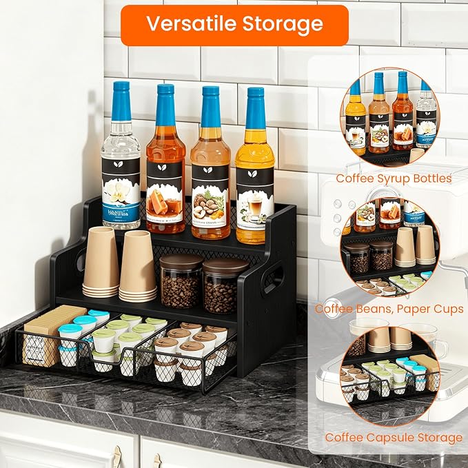 Coffee Syrup Organizer Rack, 3-Tier Syrup Holder Stand with 35 K Cup Storage Drawer, 8 Bottles Capacity, Wood Shelf Liquor Wine Rack for Coffee Bar Countertop, Black