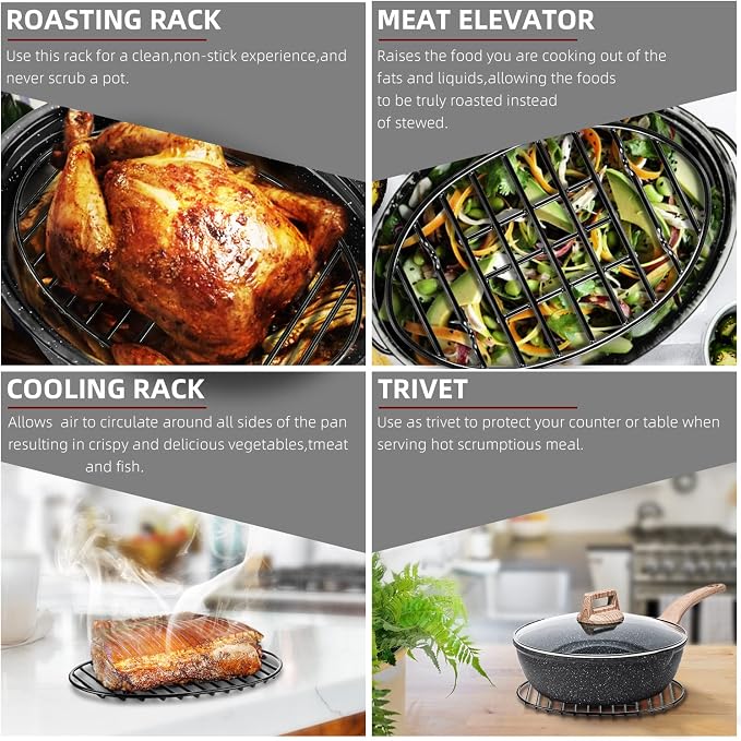 Roasting Rack Enamel 12.5"*8.5"Fits 15In Roasting Pan,Dishwasher Safe,Black | Enamel Finished Roasting Rack Features Stable Integrated Feet,Dishwashable Ideal for Cooking,Basting,Cooling by DIMESHY
