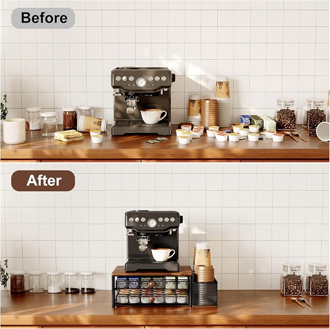 Coffee Bar Organizer, 60 Capacity K Cup Organizer for Countertop, 2 Tier Sliding Coffee Pod Storage Drawer with Disposable Cup & Lid Holder, Black