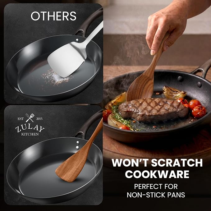 Zulay Kitchen 9-Piece Teak Wooden Utensils for Cooking - Natural Teak Utensil Set with Premium Gift Box - Non-Stick Wooden Spoons for Cooking - Kitchen Gift Set - Comfortable Grip Wooden Utensil Set