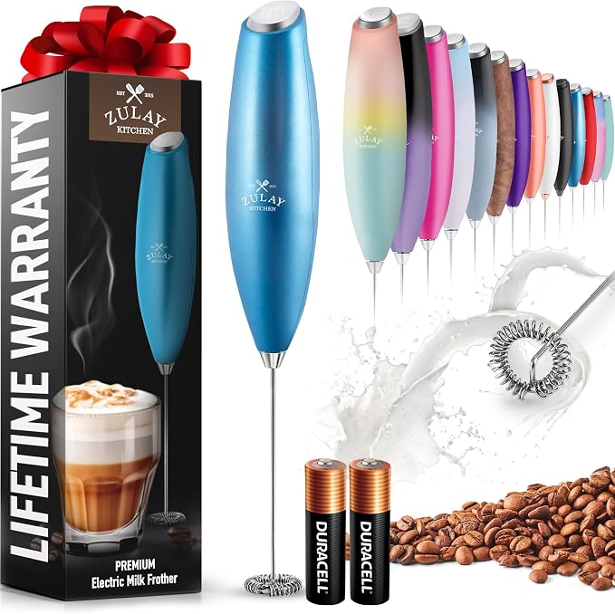 Zulay Powerful Milk Frother for Coffee with Upgraded Titanium Motor - Handheld Electric Whisk, Milk Foamer, Mini Mixer & Coffee Blender for Frappe, Latte, Matcha, No Stand - Frosted Blue