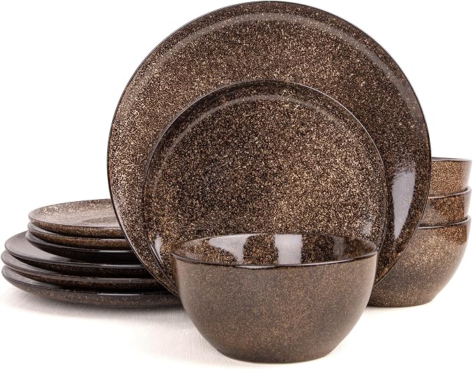 Plates and Bowls Sets, 12 Pieces Dark Blue Dinnerware Sets for Kitchen, Reactive Glaze Dishes Set for 4, Dishwasher and Microwave Safe, Series Starflecked Shore(Brown)