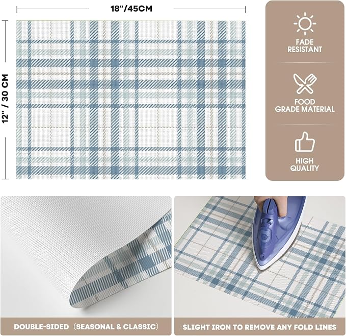 Artoid Mode Buffalo Plaid Vinyl Placemats Set of 4, 12x18 Inch Washable Non-Slip Heat Resistant Plastic Place Mats for Party Dining Table, White/Blue